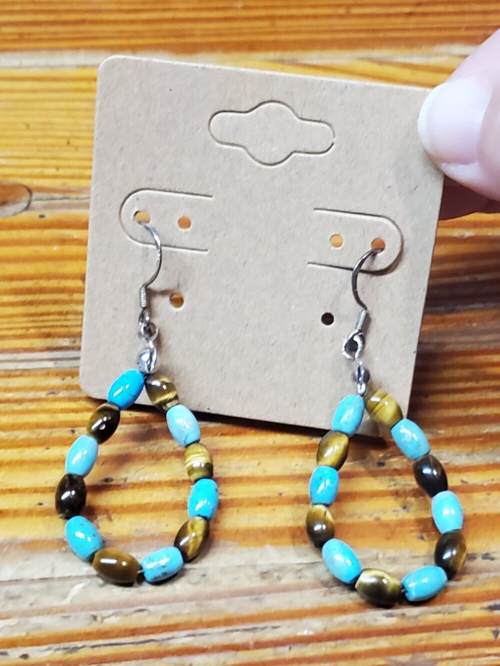 Handcrafted Sterling Silver 925 Turquoise & Tiger's Eye Teardrop Hoop Earrings